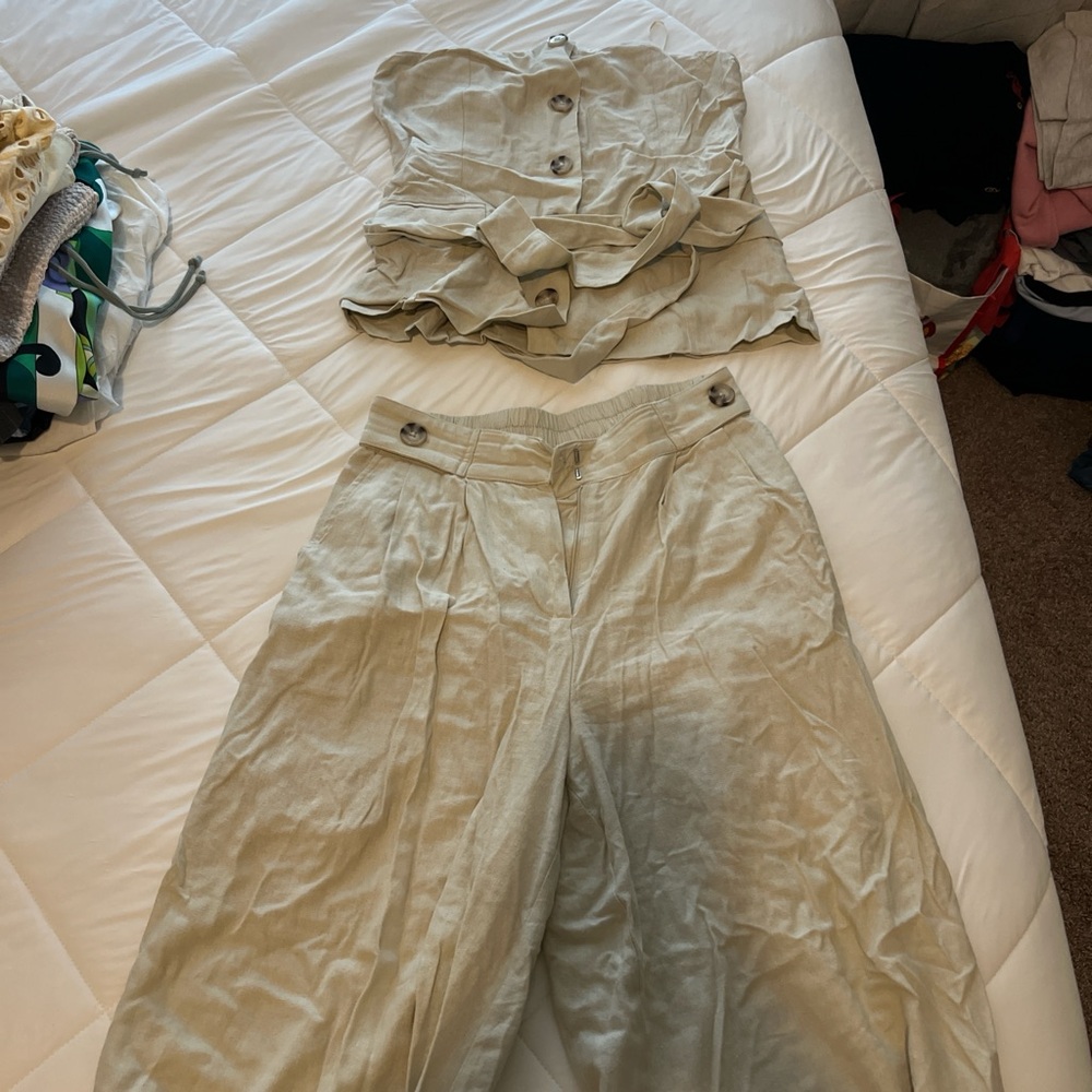 Beige Button-Up Top and Pants Set